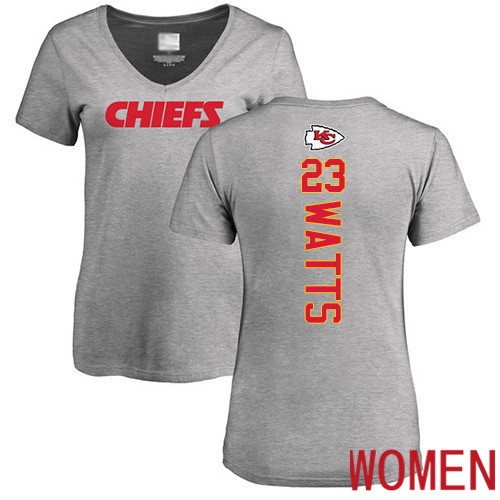 Women Football Kansas City Chiefs #23 Watts Armani Ash Backer V-Neck T-Shirt->nfl t-shirts->Sports Accessory